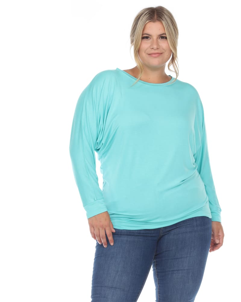 Front of a model wearing a size 2X Dolman Sleeve Top in Mint by White Mark. | dia_product_style_image_id:257322
